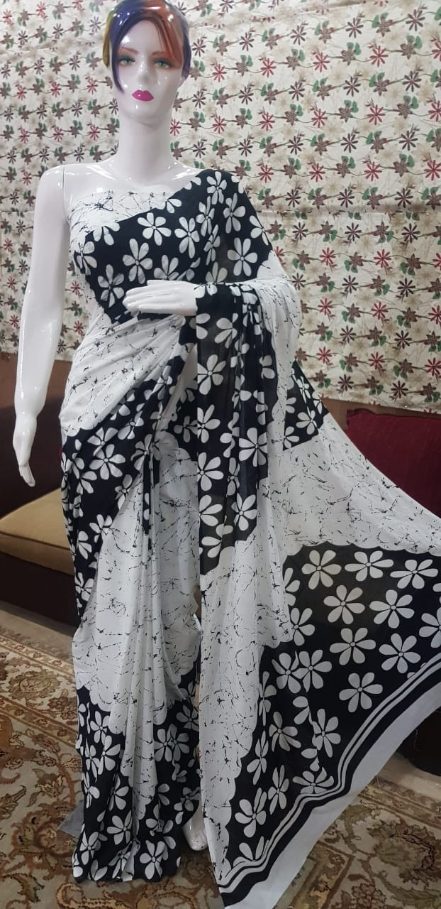 Black and White Batik Floral Saree with Marble Texture.