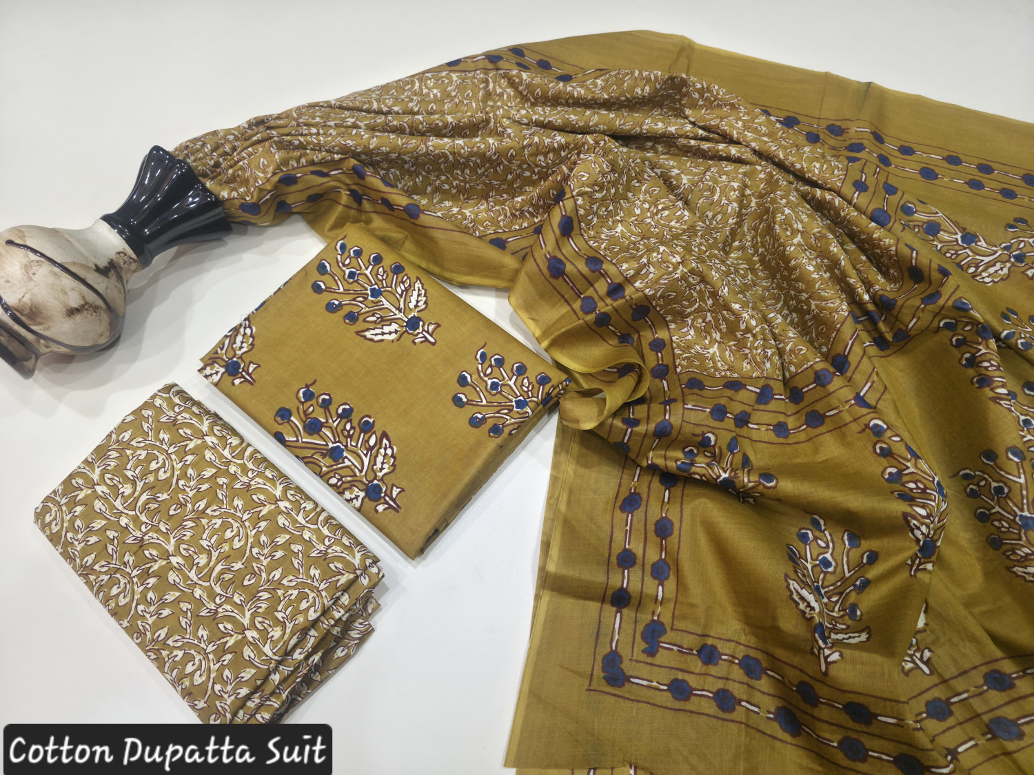 Olive Green/Mustard Floral Hand Block Print or Ajrakh Print cotton dupatta suit.