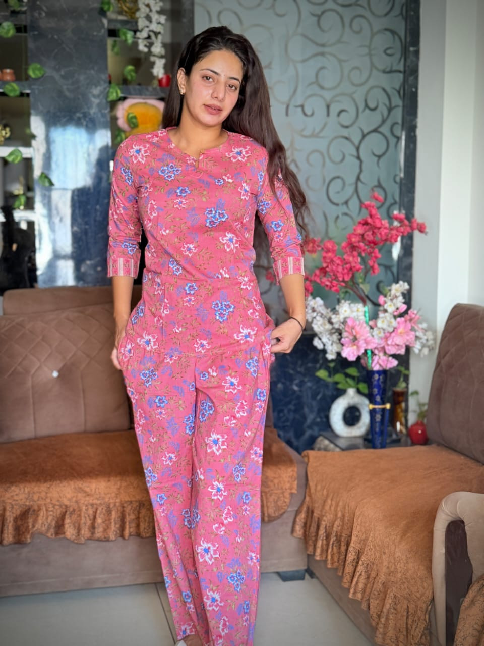 Rose Pink and Blue Floral Print Pure Cotton Co-ord Set.