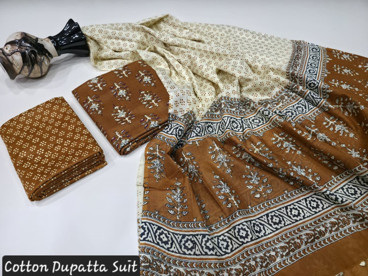 Brown and White Hand Block Printed Cotton Dupatta Suit.