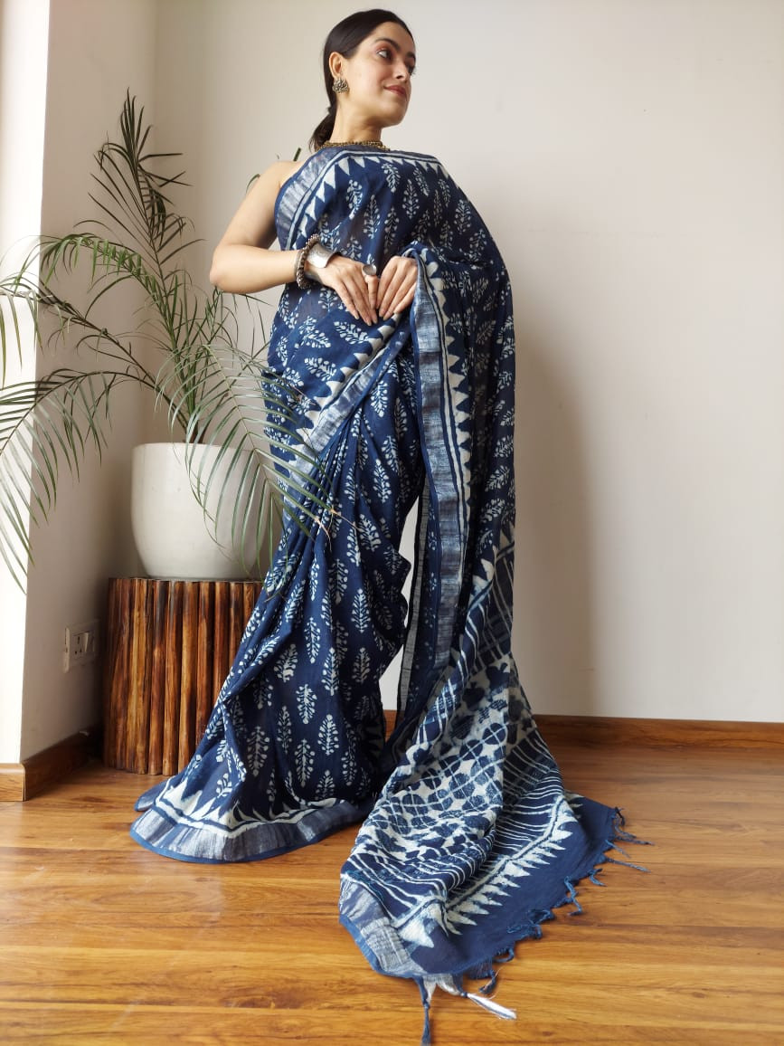 Indigo Blue Hand Block Print Linen Saree (6.5 Mtr with Blouse Piece).