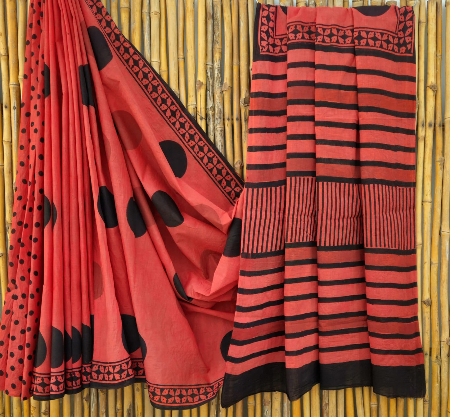 Carrot Red & Black Hand-Block Printed Mulmul Cotton Saree with Blouse (6.5 Meters, 92*80, 100% Pure Cotton Fabric)