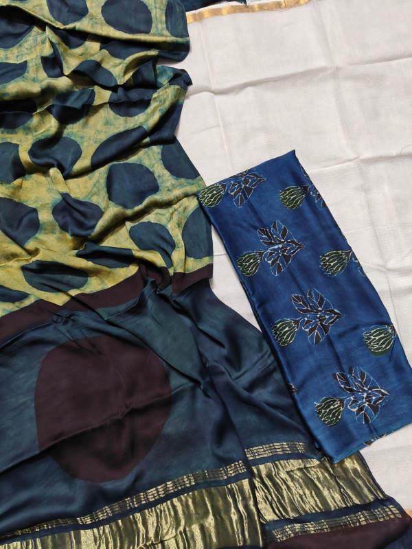 Indigo Blue & Green Ajrakh Hand-Block Printed Modal Silk Suit Set