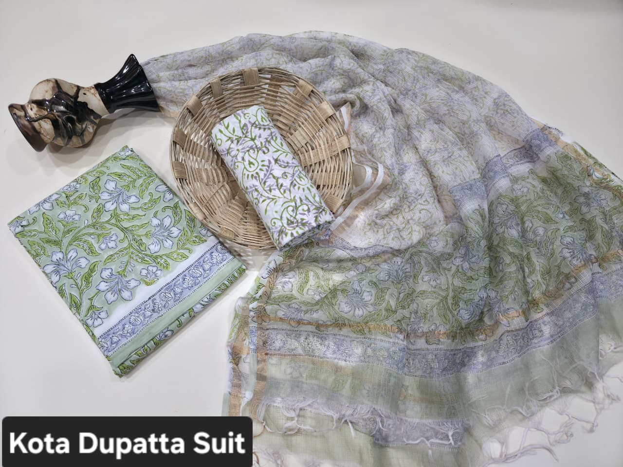 Light Green & White Hand Block Print Cotton Suit with a sheer Kota Doria Dupatta.