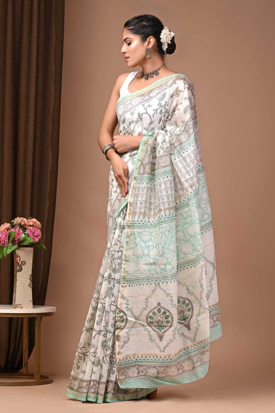 "Minty Jasmine" Hand Block Printed Chanderi Silk Saree with Blouse