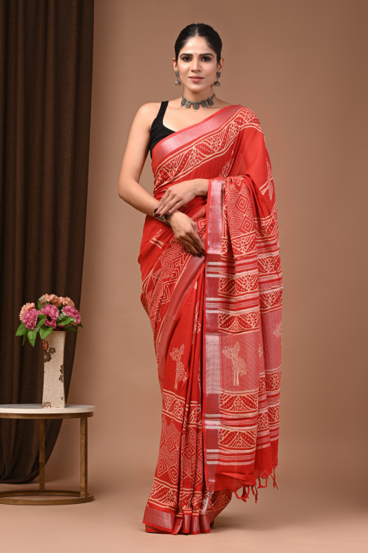 Red Ajrakh Hand block  Printed  linen saare