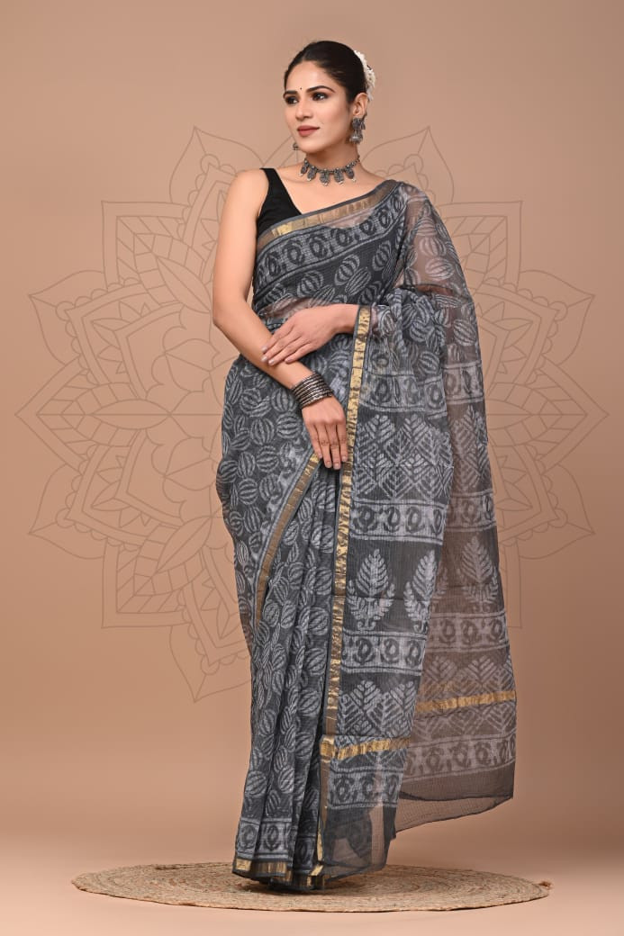 Grey & White Kota Doria Saree Handmade Dabu/Bagru Hand Block Printed