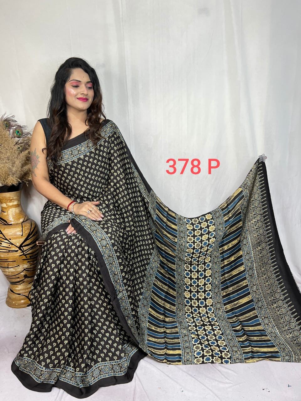 Black and Gold Ajrakh Hand Block Printed Modal Silk Saree