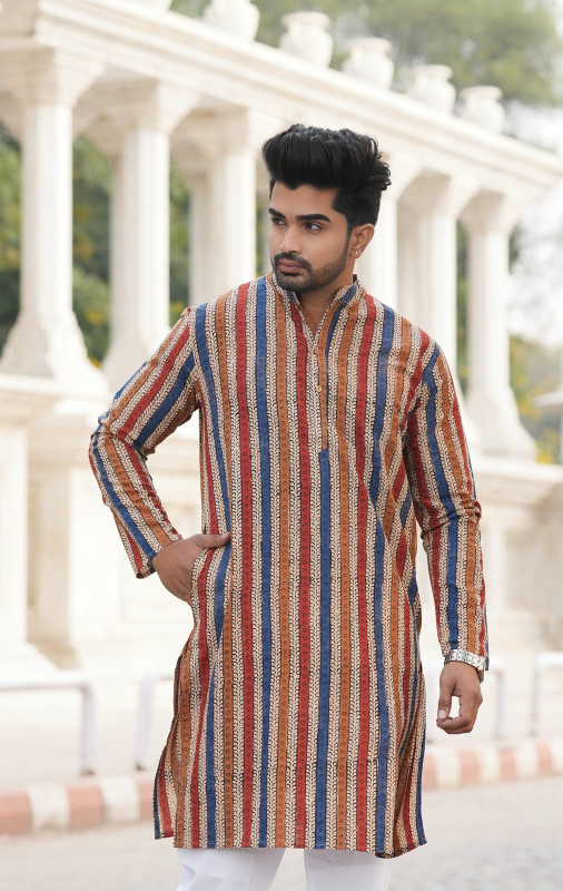 Multi-Color Striped Printed Cotton Men's Kurta
