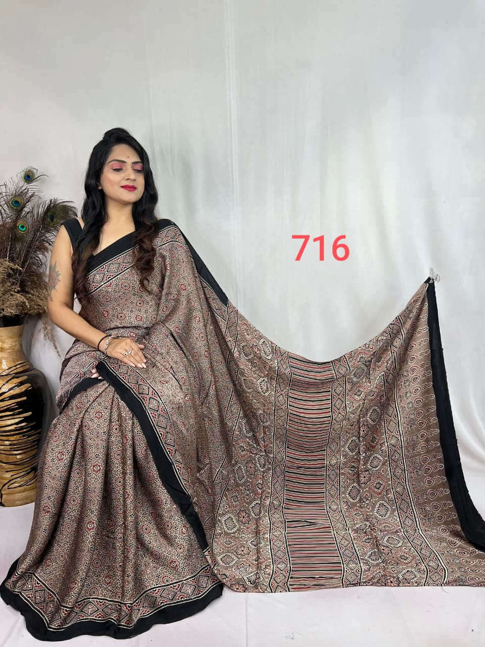 Brown & Black Ajrakh Hand Block Print Modal Silk Saree.