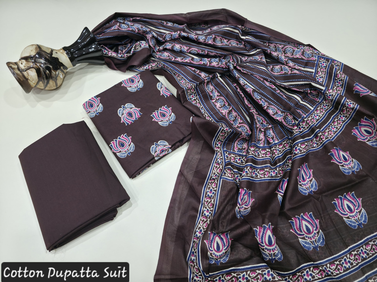 Brown/Maroon and Blue Floral Hand Block Print or Ajrakh Print cotton dupatta suit.