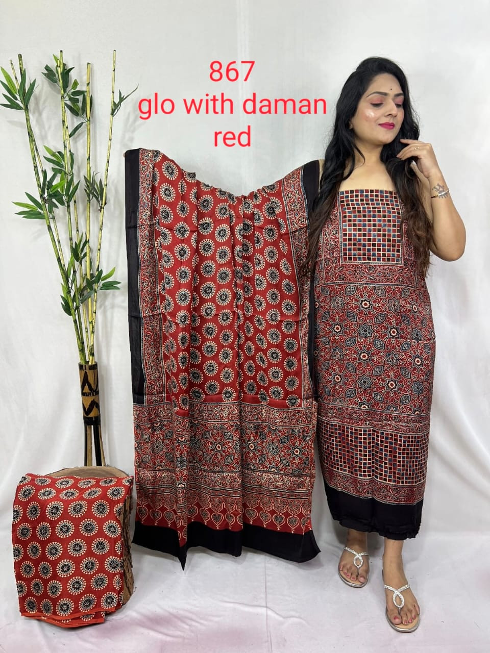 Red and Black Ajrakh Hand Block Printed Modal/Cotton "Glo" Suit Material