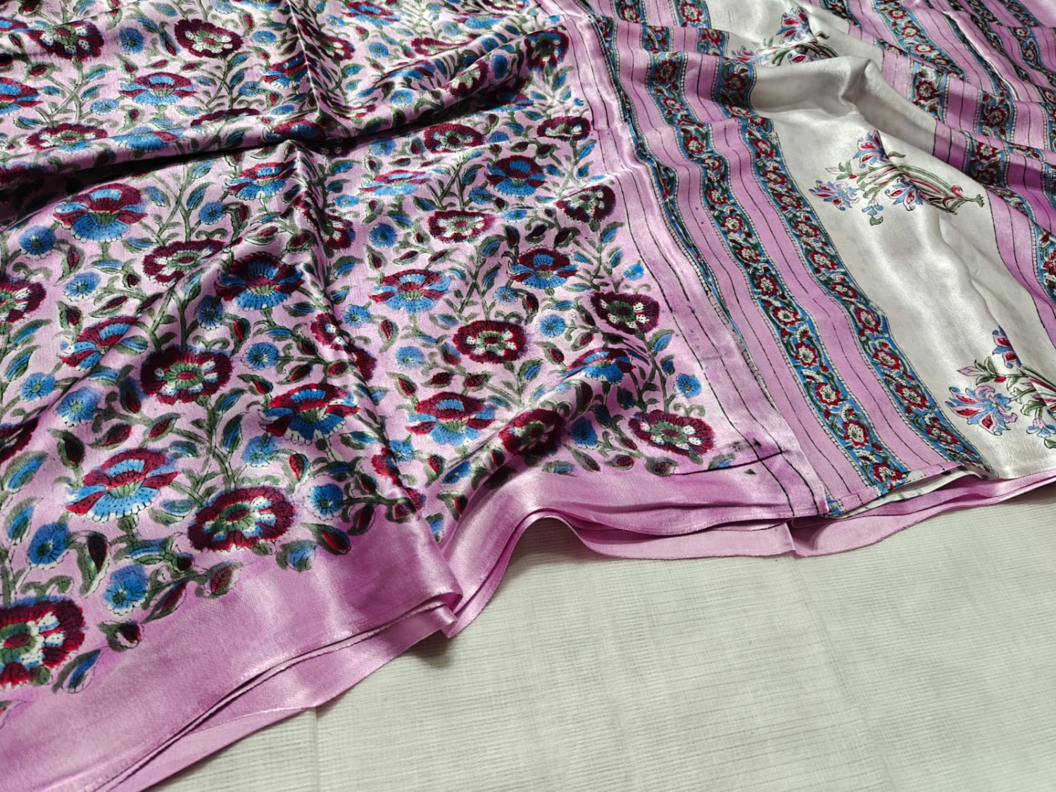 Blush Pink Floral Hand Block Print Pure Modal Silk Saree