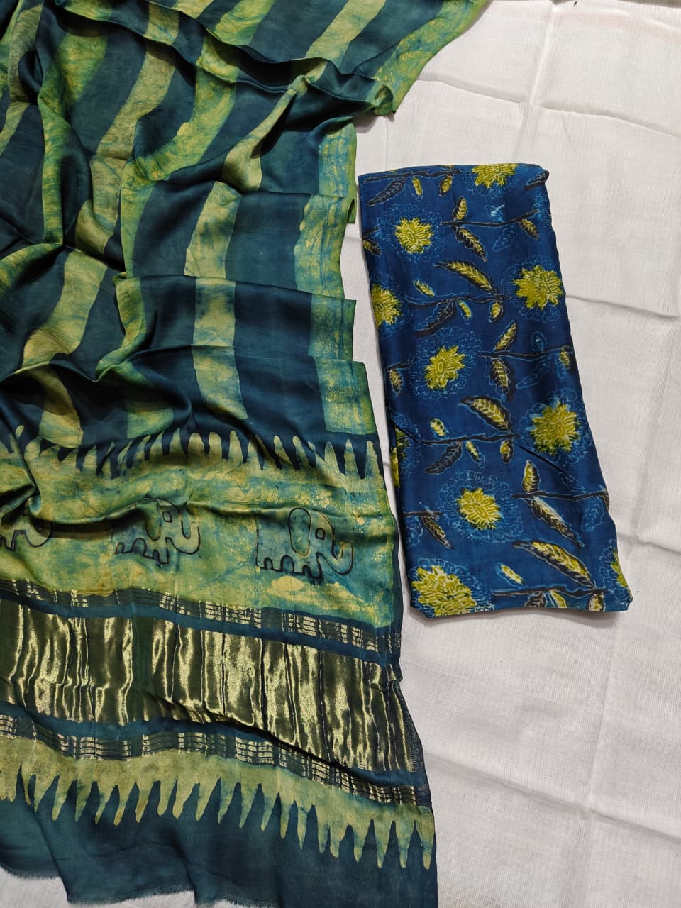 Indigo Blue & Yellow Hand-Block Printed Modal Silk Suit Set