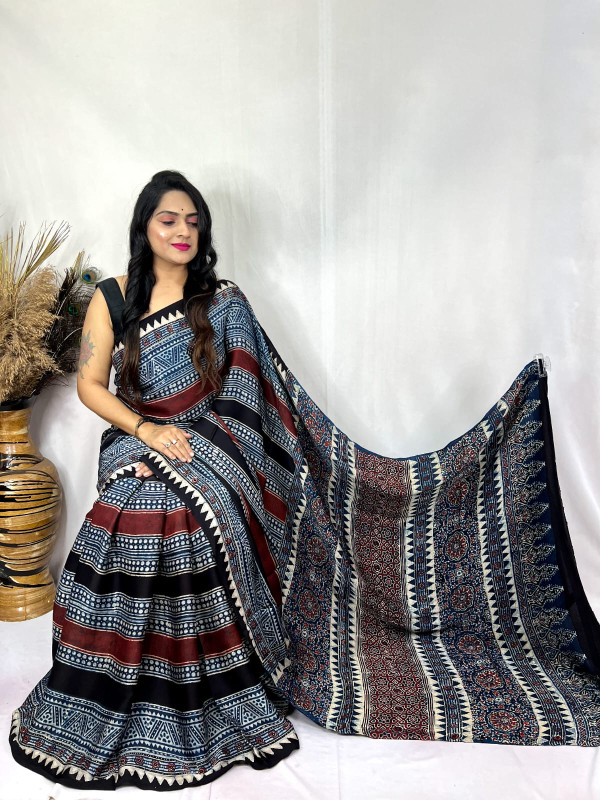Blue, Red, and Black Ajrakh Hand Block Printed Modal Silk Saree