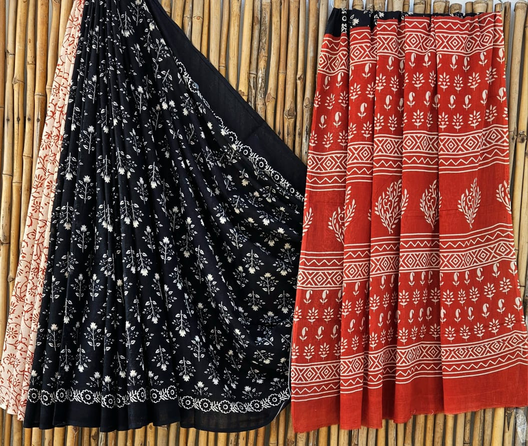 Black & Red Hand Block Printed 100% Pure Mulmul Cotton Saree (6.5 Mtrs, 92*80)