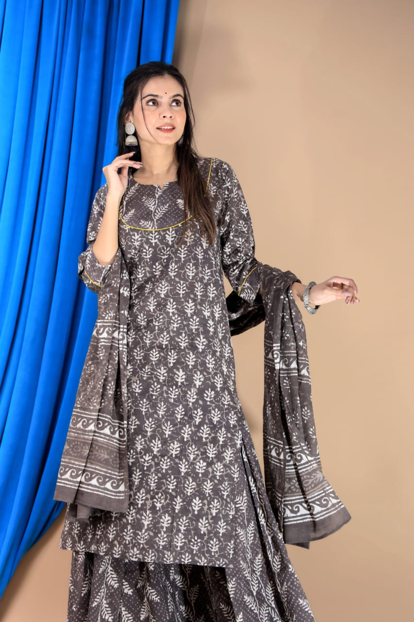 Charcoal Gray Hand Block Print Cotton Long Kurta & Skirt Set with Dupatta