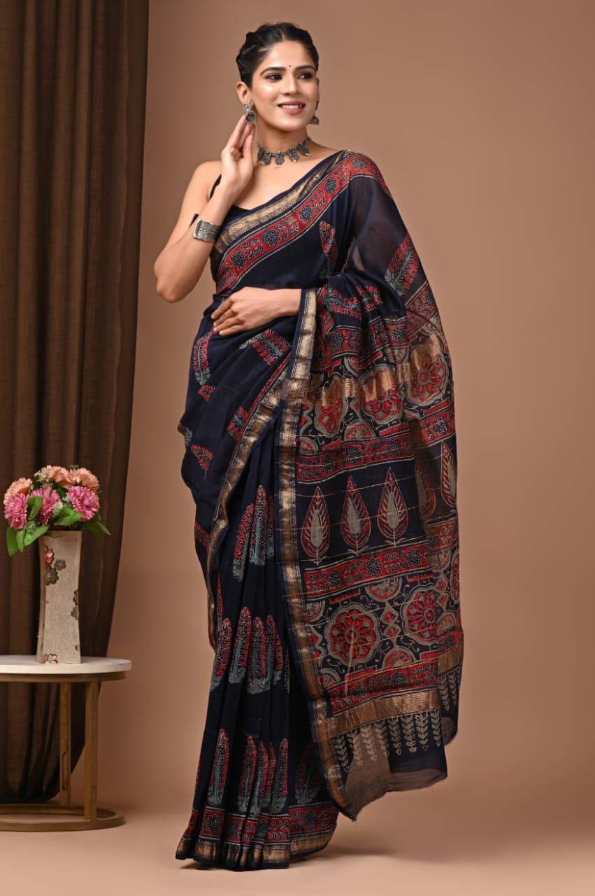 Navy Blue/Black Maheshwari Silk Saree with Gold and Red Zari Border and Hand Block Print.