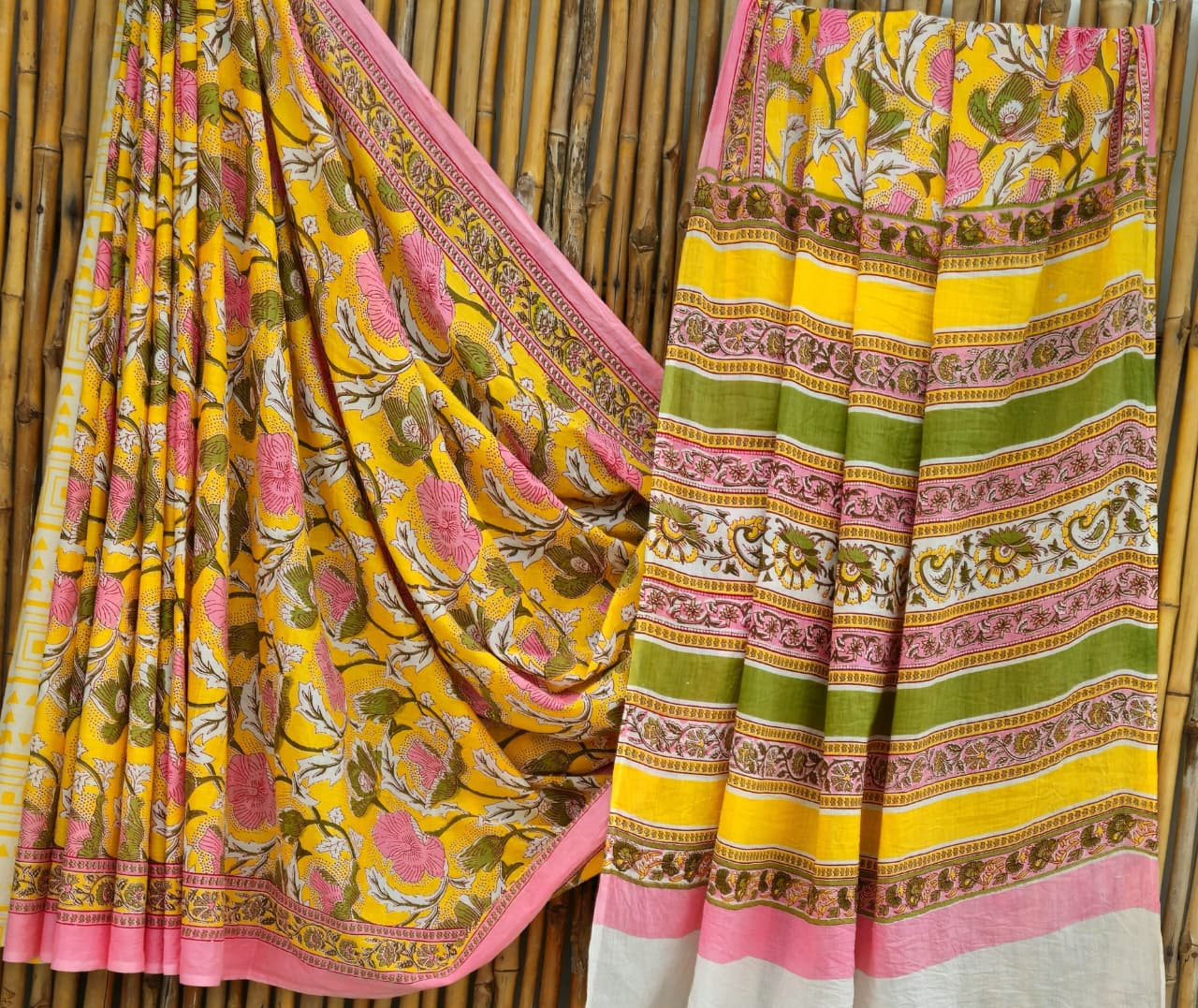 Mustard Yellow & Green Kalamkari Hand-Block Printed Mulmul Cotton Saree with Blouse (6.5 Meters, 92*80, 100% Pure Cotton Fabric)