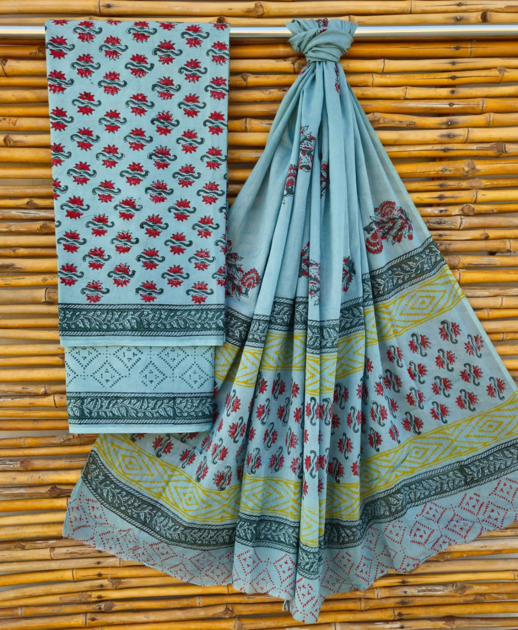 Tranquil Powder Blue & Crimson Jaipuri Hand-Block Print Cotton Suit