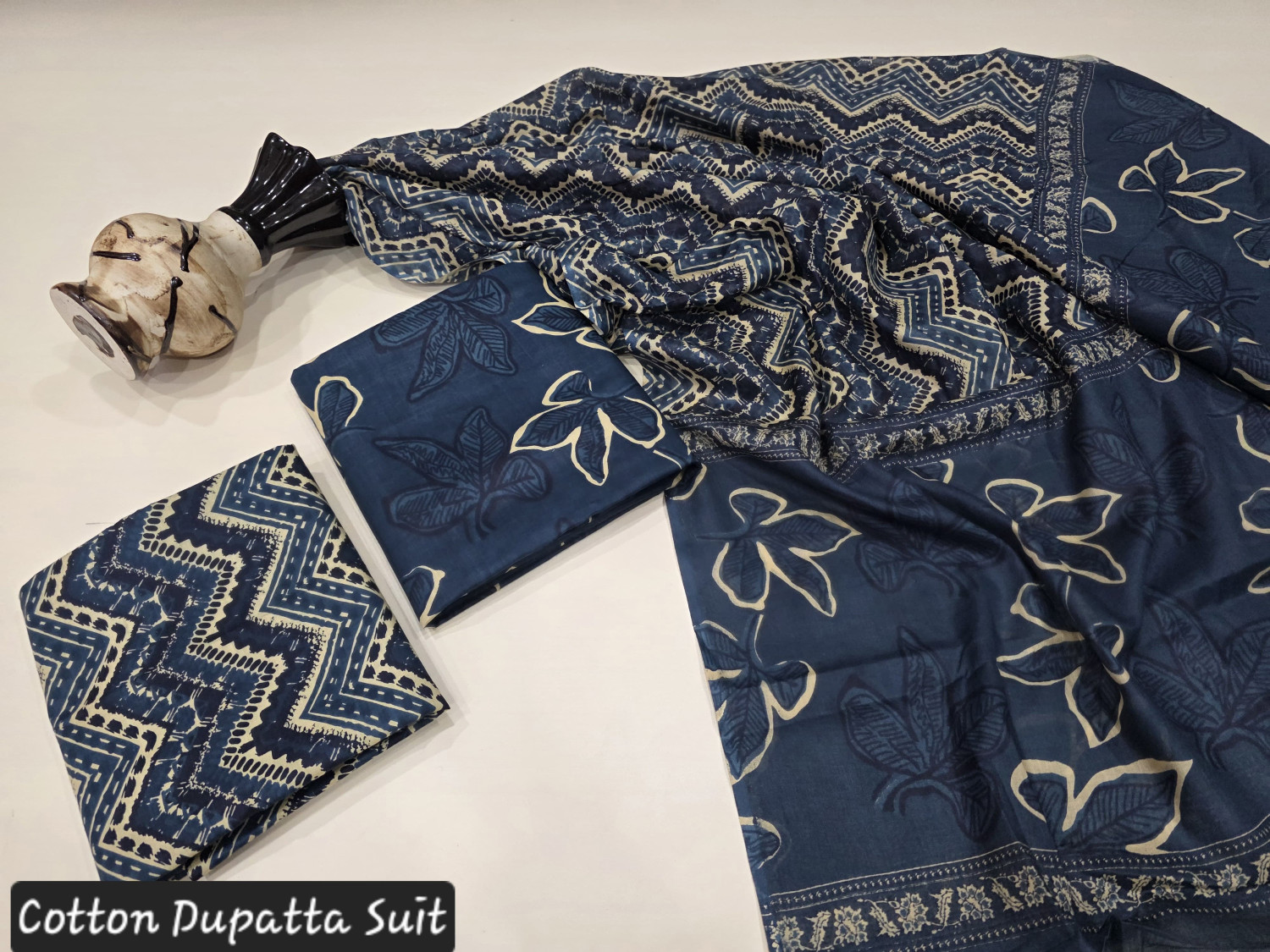 indigo blue and white dabu hand block print cotton dupatta suit.