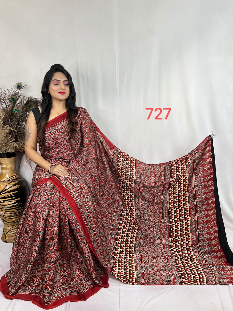 Red and Black Modal Silk Ajrakh Print Saree