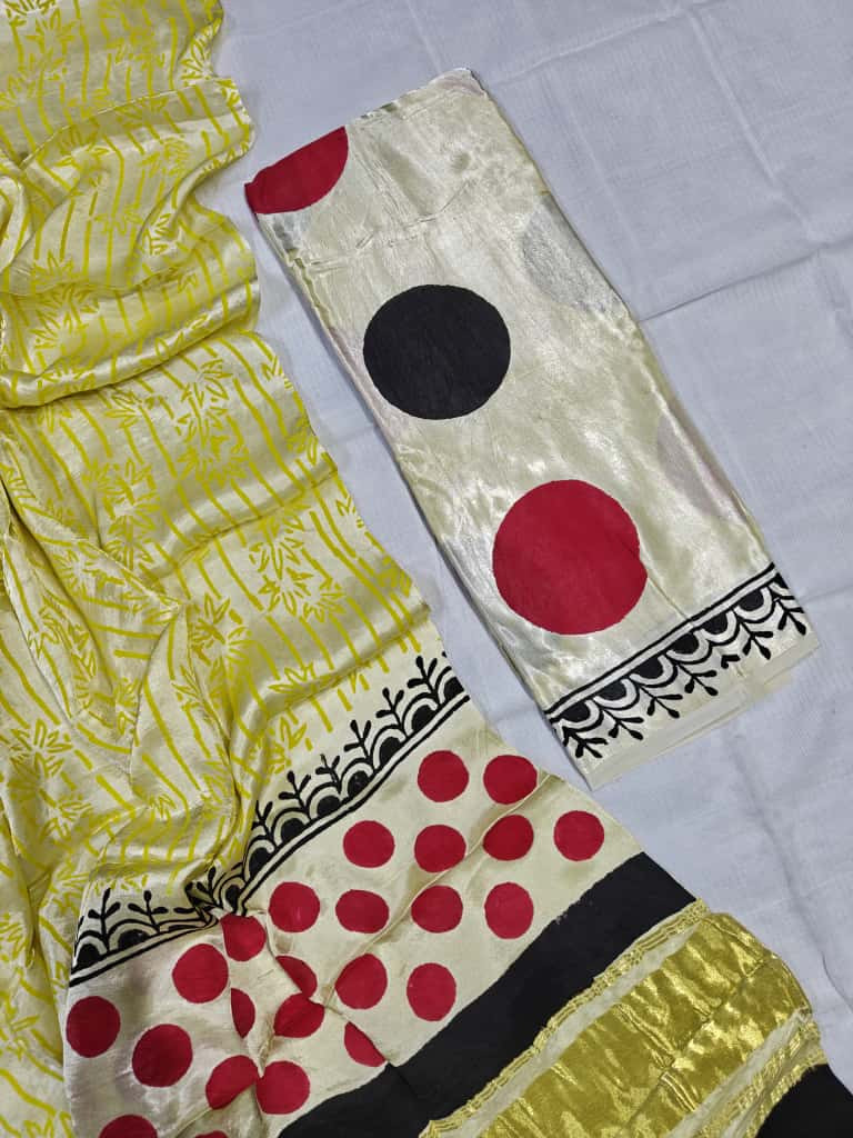 Cream, Red, and Black Polka Dot Print Cotton Linen or Modal Silk Blend Saree  with a Gold Zari Border