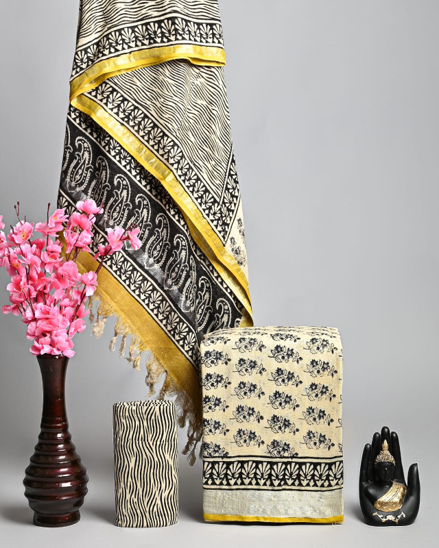Black & White Bagru Handblock Printed Unstitched Cotton Suit Set
