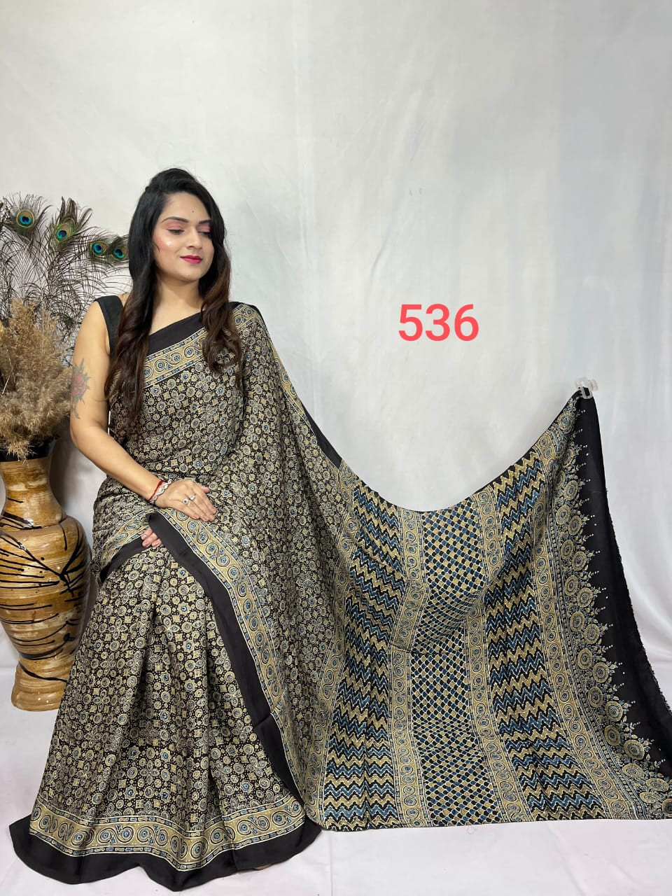 Black and Beige Modal Silk Ajrakh Print Saree