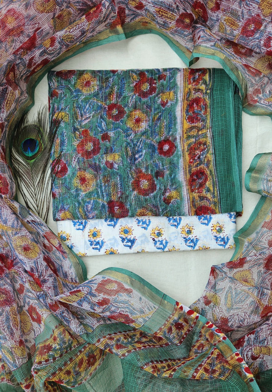 Teal Green, Maroon, and White Floral Handblock Printed Cotton Kota Doria suit 2.5m top & dupatta and 2.5m cotton cambric bottom