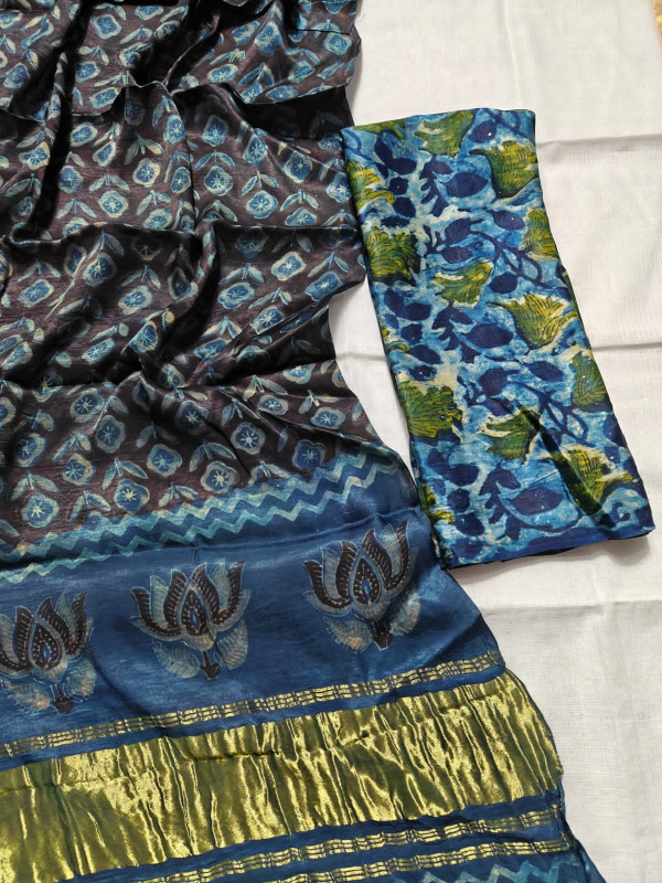 Black, Blue, and Gold Hand Block Printed Maheshwari Silk Saree