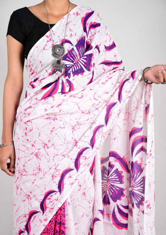 White and Purple Floral Cotton Mulmul Saree
