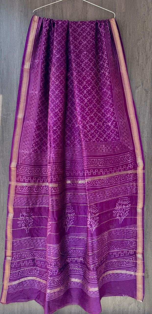 Purple Maheshwari silk cotton blend hand block print saree with a gold zari border