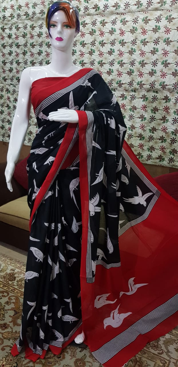 Midnight Black Cotton Saree with White Bird Print and Contrasting Red Border.