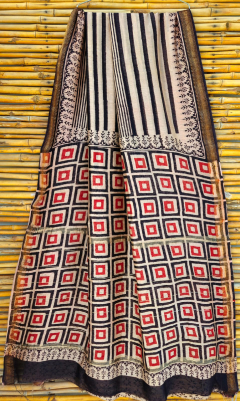 Ivory Cream, Black & Red Hand Block Printed Maheshwari Silk Saree with Blouse