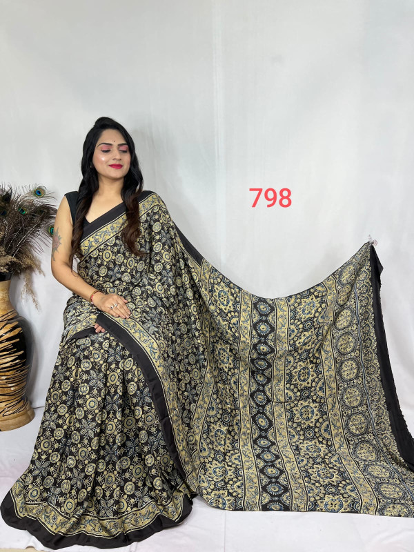Black and Beige Ajrakh Hand Block Print Modal Silk Saree.