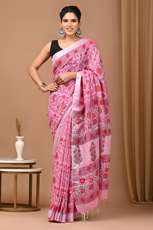 Pink Linen  floral ethnic motifs Hand Block Printed Linen Saree