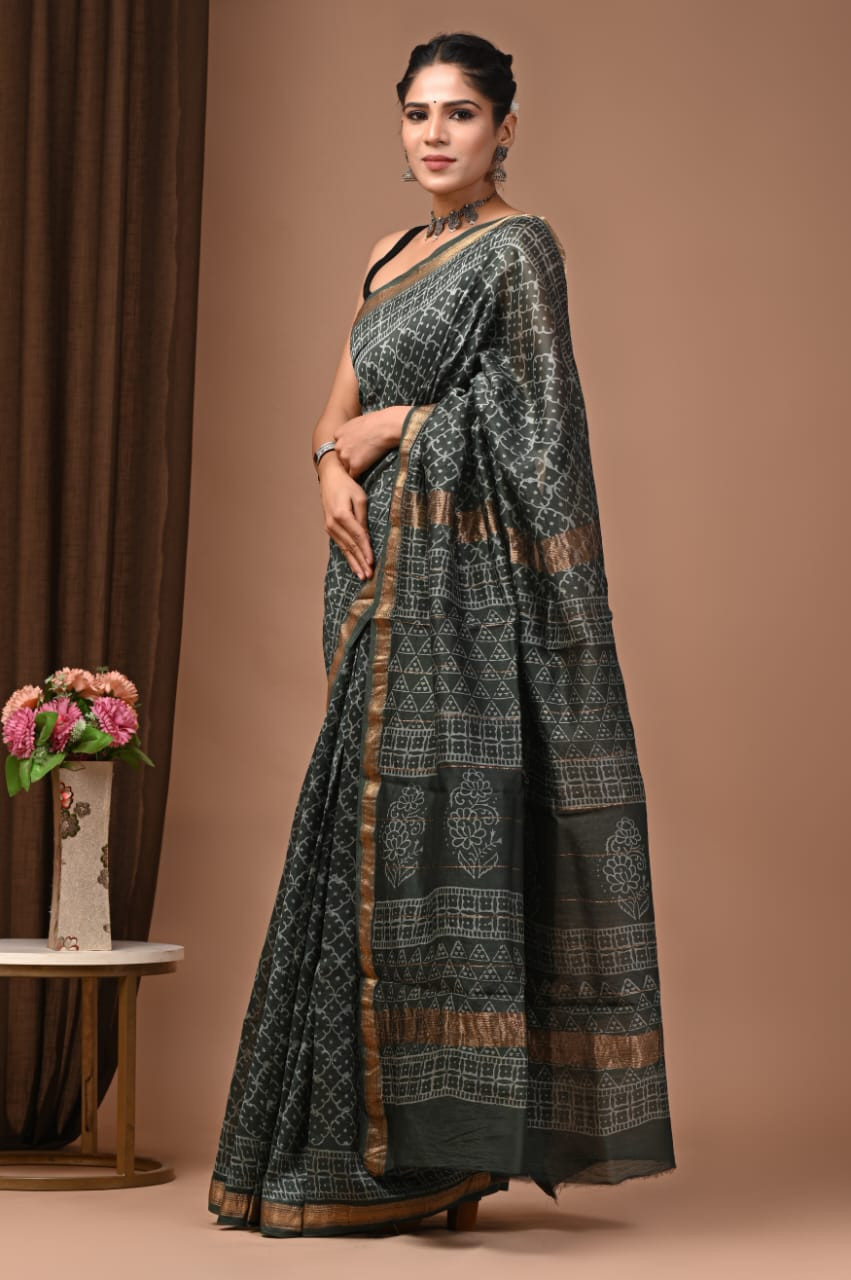 Olive Green Hand Block Printed Maheshwari/Chanderi Silk Saree