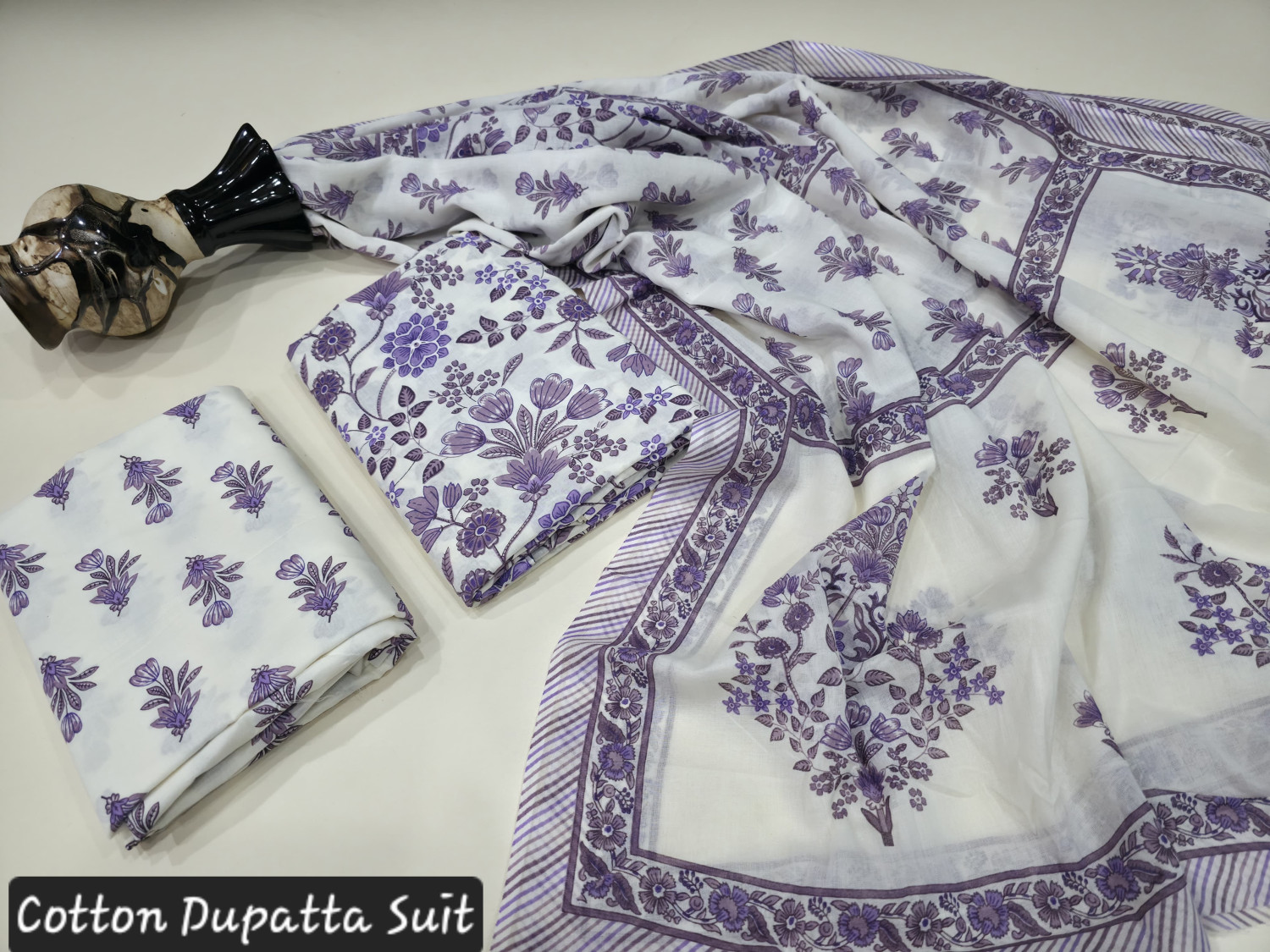 White and Purple Floral Hand Block Print cotton dupatta suit.