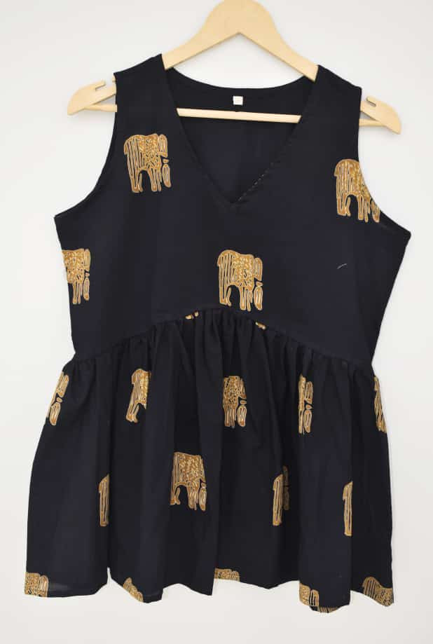 black Sleeveless top with gold elephant prints