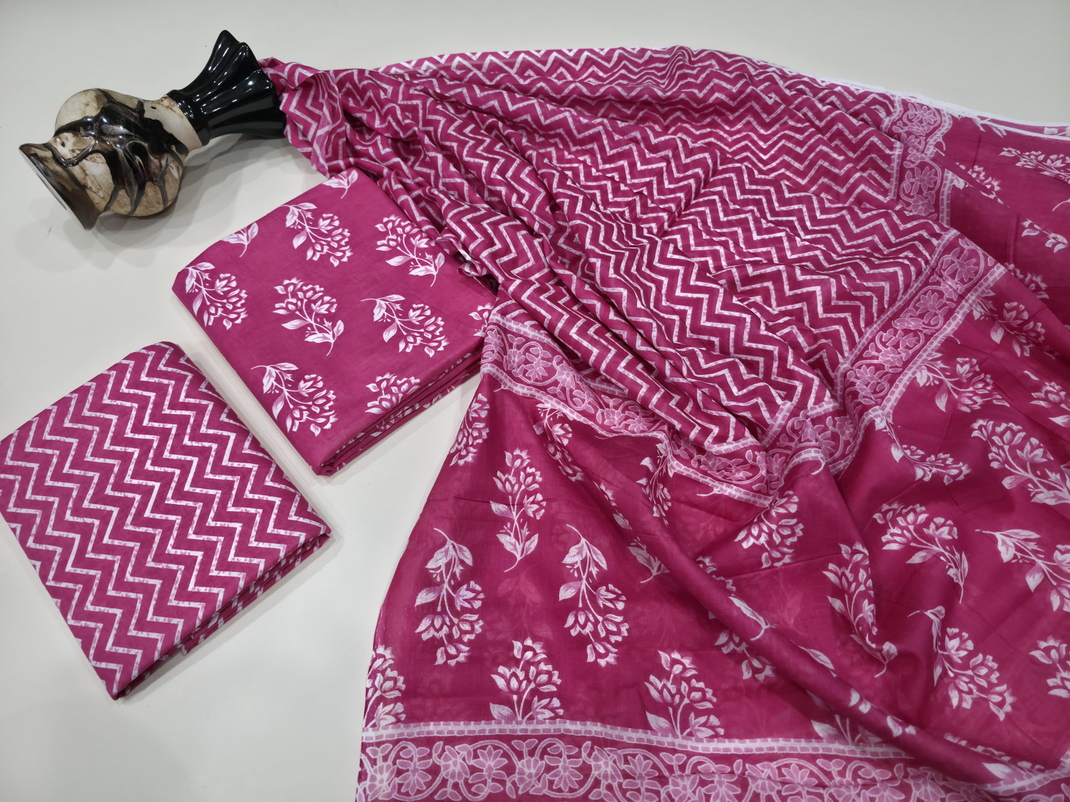 Fuchsia Pink and White Hand Block Printed Cotton Dupatta Suit.
