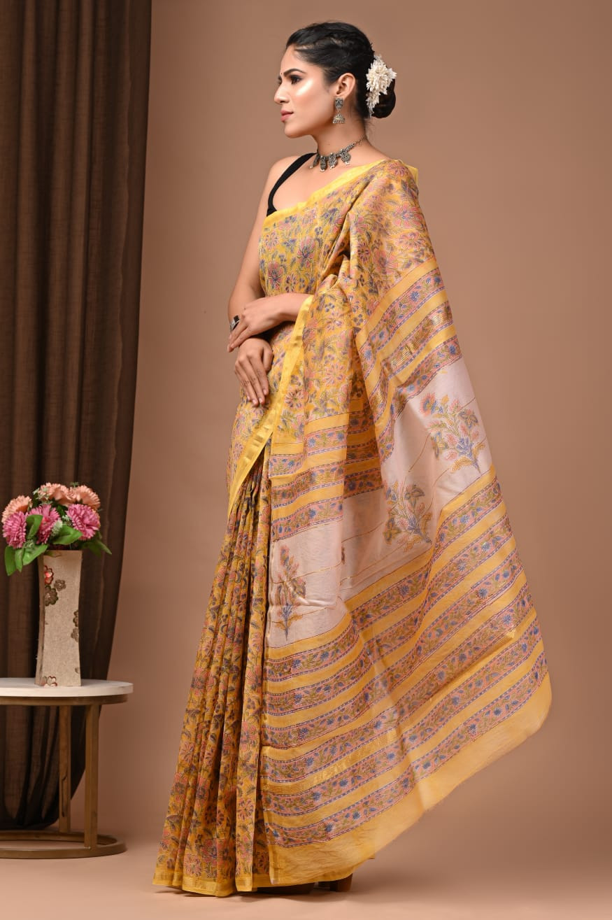 "Golden Sundrop" Hand Block Printed Maheshwari Silk Saree with Blouse