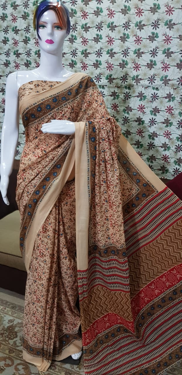 Beige and Brown Floral Block Print Saree with intricate vine patterns and a geometric border.
