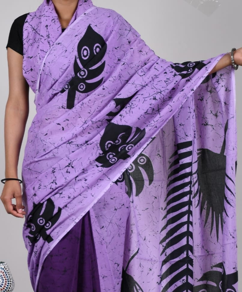 Lavender and black batik print mulmul cotton saree.