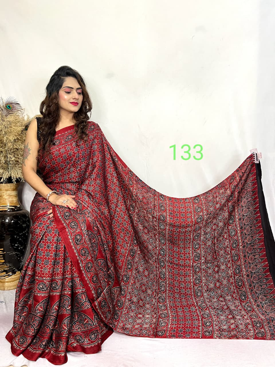 Red and Black Ajrakh Hand Block Print Modal Silk Saree.
