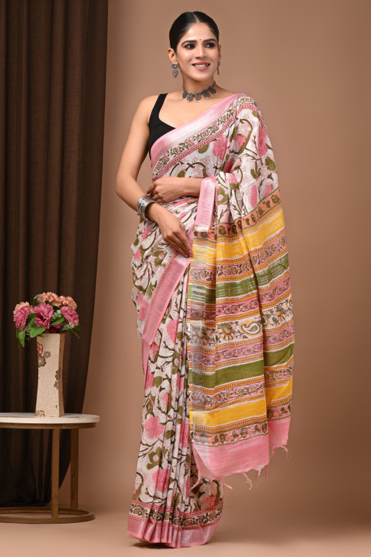 Pink & Multicolor Handblock Printed Cotton Saree with Floral Body and Traditional Stripe Pallu