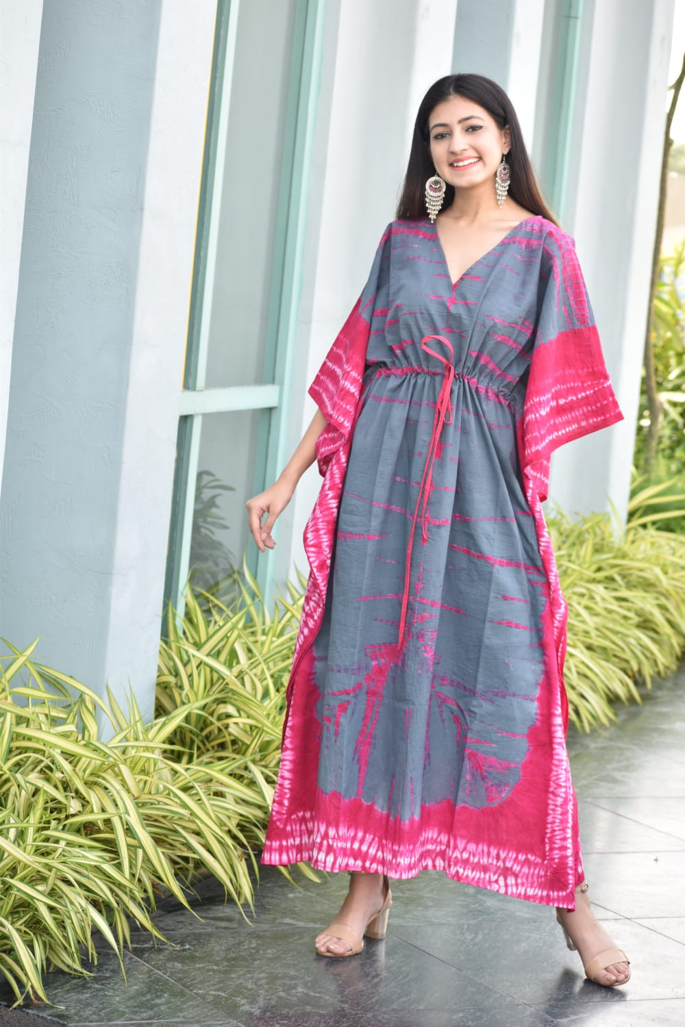 Multi Colour Long Kaftan Dress with Tie & Dye Print