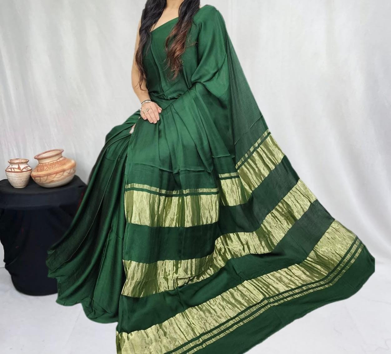 Green Pure Modal Silk Saree with 3 Lagdi Patta Tissue Pallu (Length-6.50 mtr with Width-46 inches)