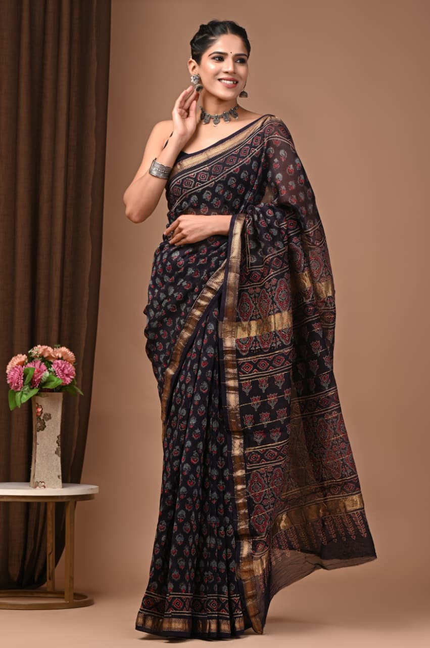 Black, Red, and Gold Ajrakh Hand Block Printed Maheshwari Silk Saree