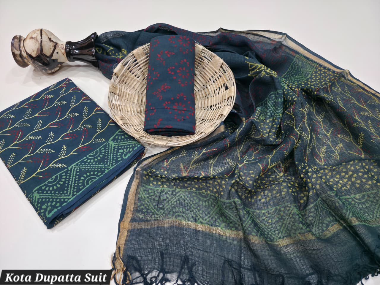 Deep Teal Green Hand Block Printed Cotton Suit with Kota Doria Dupatta